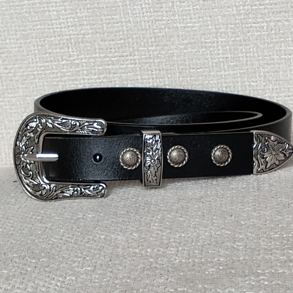 Black Leather Belt with Silver Buckle